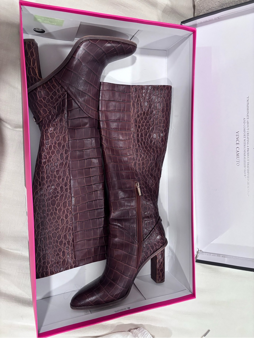 Vince Camuto Phranzie Leather Burgundy Croc-Embossed Knee High Boots - Picture 3 of 12